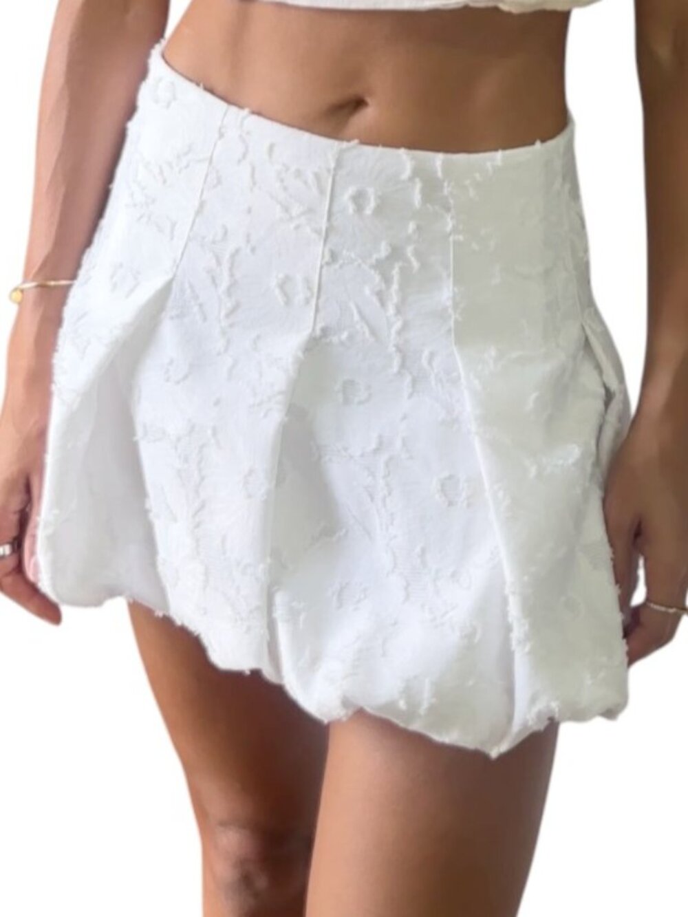 Zara White Textured Jacquard Pleated Mini Skirt Bubble Hem Lined Size XS